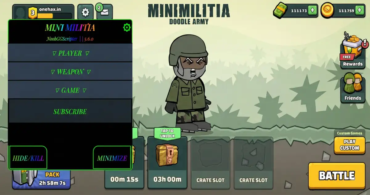 Mini Militia Hack menu showing unlimited health and ammo